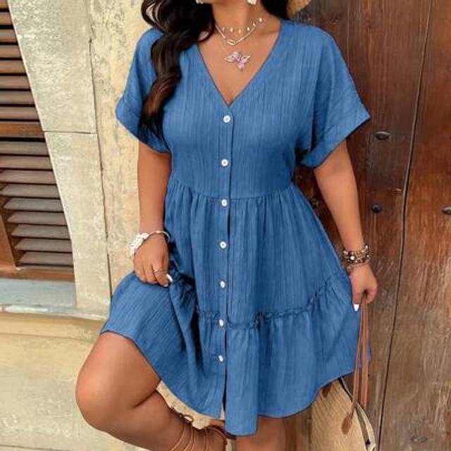 SHEIN Plus Size V-Neck Textural Drop Shoulder Flounce A-Line Midi Dress