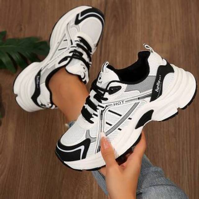 SHEIN Fashionable & Versatile Black & White Patchwork Lace-Up Chunky Sneakers For Women