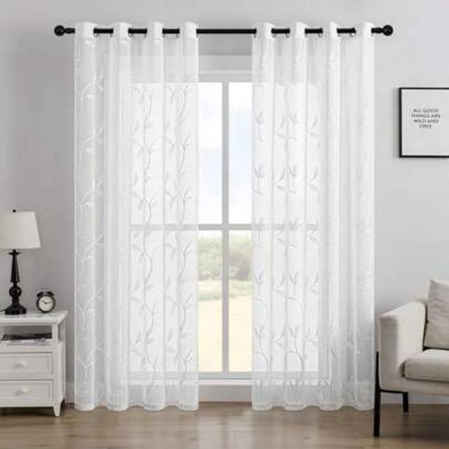 SHEIN 2pcs White Rattan Spring Embroidery Semi-Sheer Voile Curtains With Grommets, Semi-Transparent Light-Filtering Curtain Decor For Bedroom, Living Room,