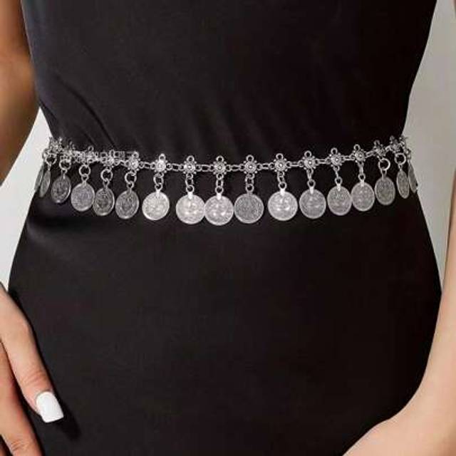 SHEIN 1 Pc Women&#39;s Metallic Waist Chain, Decorative Waist Belt Suitable For Dresses, Skirts, Belly Dance, Versatile, Silver Color