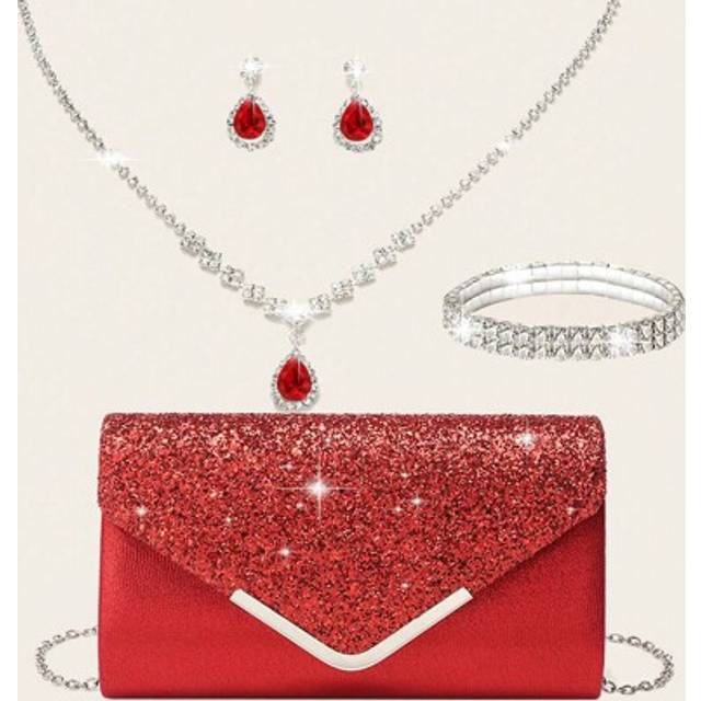 SHEIN 4 Pieces Rhinestone Jewelry Set Bling Necklace Earrings Bracelets Set For Women Evening Clutch Bag Bridal Wedding Sparkling V-Shaped Flap Envelope Clu