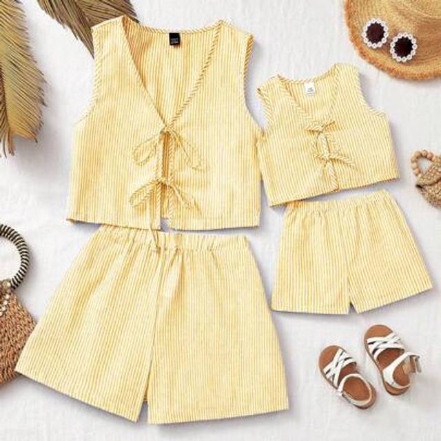SHEIN Babygirl Summer Matching Family Outfits, Stripes Tank Top And Shorts Set For Mom And Me