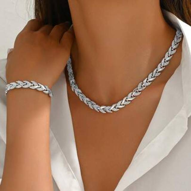 SHEIN 1pc Rose Gold Crystal Decorated Necklace & Bracelet Jewelry Set, Elegant For Women Party/Events