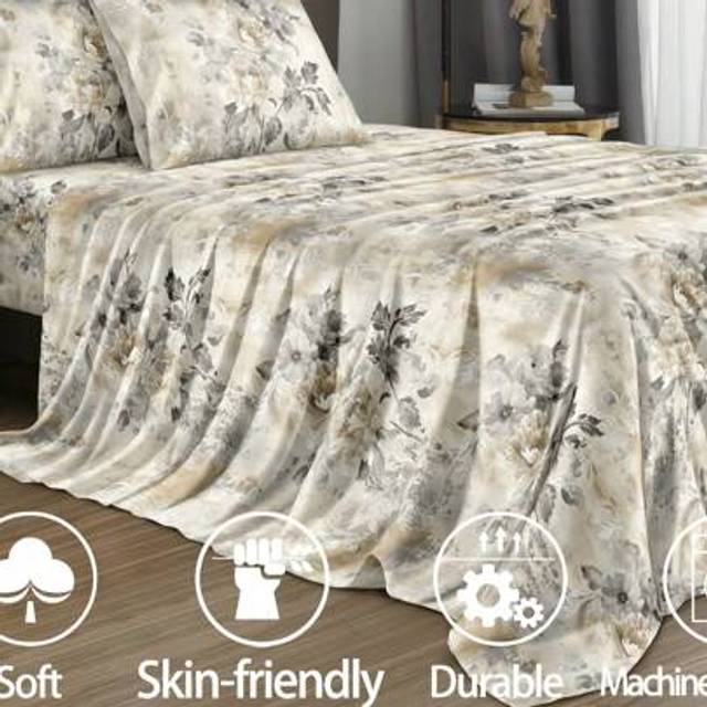 SHEIN 4Pcs Khaki Garden Flower Pattern Sheet Set Bedding Set, 1pc Fitted Sheet & 1pc Flat Sheet& 2pcs Pillowcase Bedding Mattress Protector Set (Not Includi