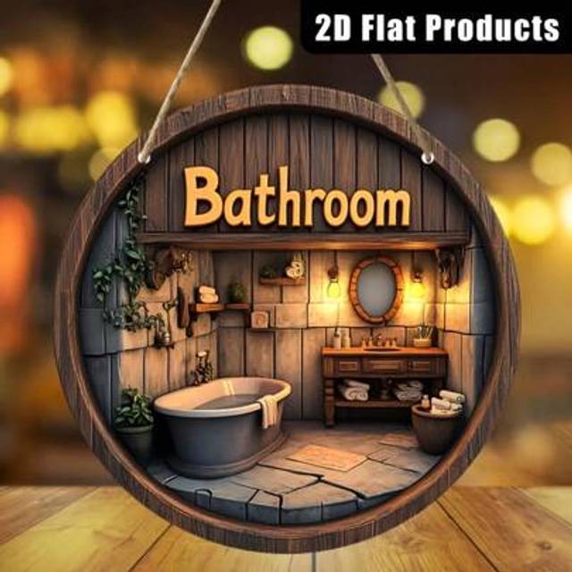 SHEIN Rustic Wooden Bathroom Wall Decor - Large Round Hanging Sign With Detailed Interior Scene, Classic Home Decor For Relaxing Space, Electricity-Free, Ba