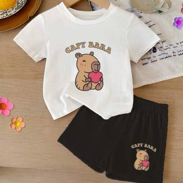 SHEIN Baby Girl Casual Comfortable Fashionable KaribalÃ Pattern Round Neck Short Sleeve Top And Bike Shorts Set, Spring/Summer