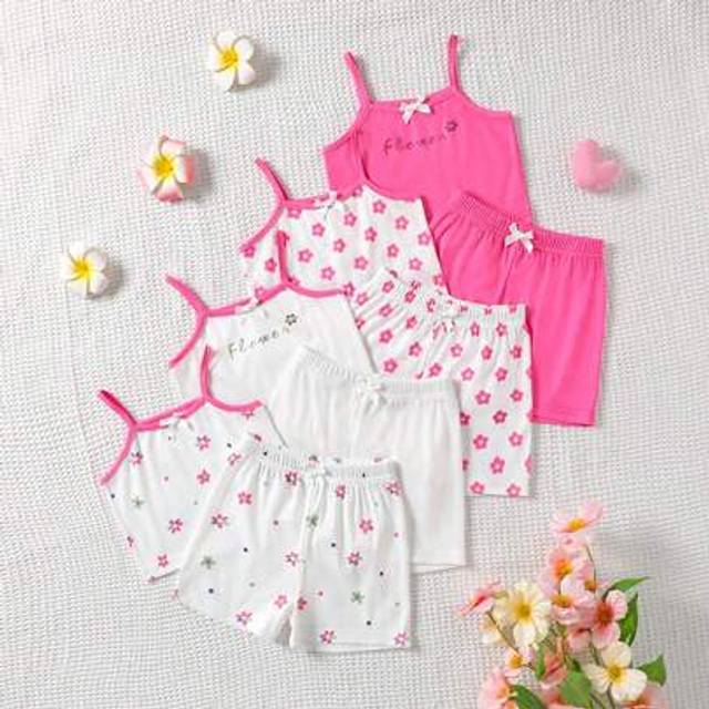 SHEIN 8pcs/Pack Baby Girl Newborn/Toddler Cute Casual Striped Knit Tank Top And Shorts Set, For Spring/Summer Daily Wear, 0-3 Years Old