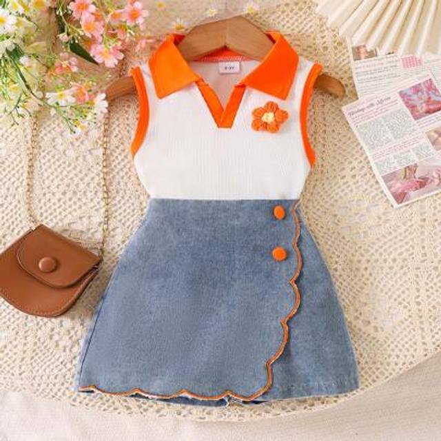 SHEIN 2pcs Young Girl 3D Floral Knit Colorblock Polo Top And Denim Ruffle Skort Set, Summer
