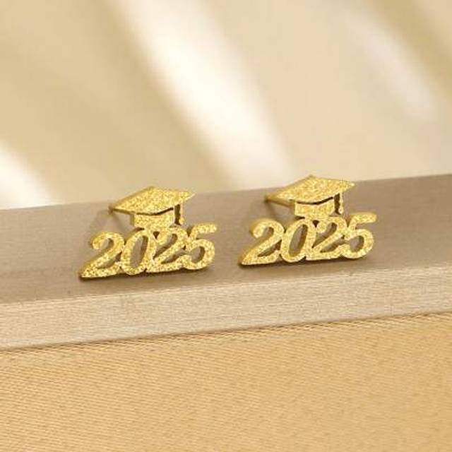 SHEIN 1 Pair Of Stylish 2025 Graduation Cap Gold & Silver Stainless Steel Sandblasted Earrings, Suitable For Graduation Gifts For Boys, Girls, Classmates, F