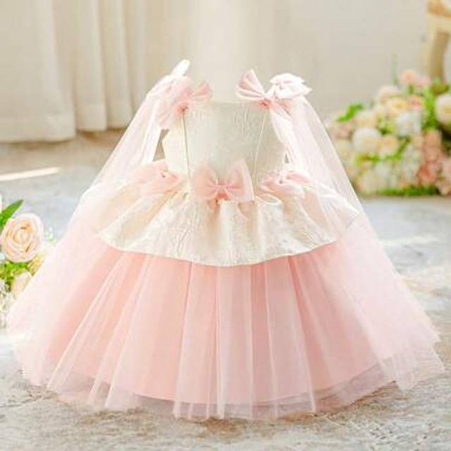 SHEIN Baby Girls&#39; Thick Strap Bow Jacquard & Mesh Patchwork Cute Party Dress, Suitable For Flower Girl, Wedding, Birthday Celebration (Excluding Hair Access