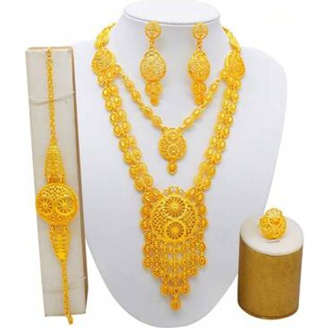 SHEIN Dubai Gold Color Jewelry Set Wedding African Bridal Sets Nigerian Necklace Bracelet Earring Ring Jewellery