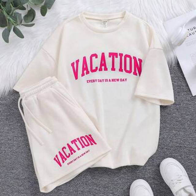 SHEIN Tween Girl Casual Knit Letter Print Short Sleeve T-Shirt Top & Shorts 2-Piece Set For Vacation
