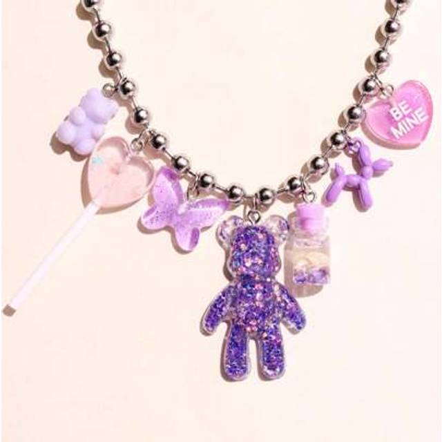 SHEIN 1 Brand New Silver Stainless Steel Bead Chain, Purple Series Sparkling Bear Multiple Pendant Necklace, Lollipop Butterfly Drift Bottle Balloon Puppy L