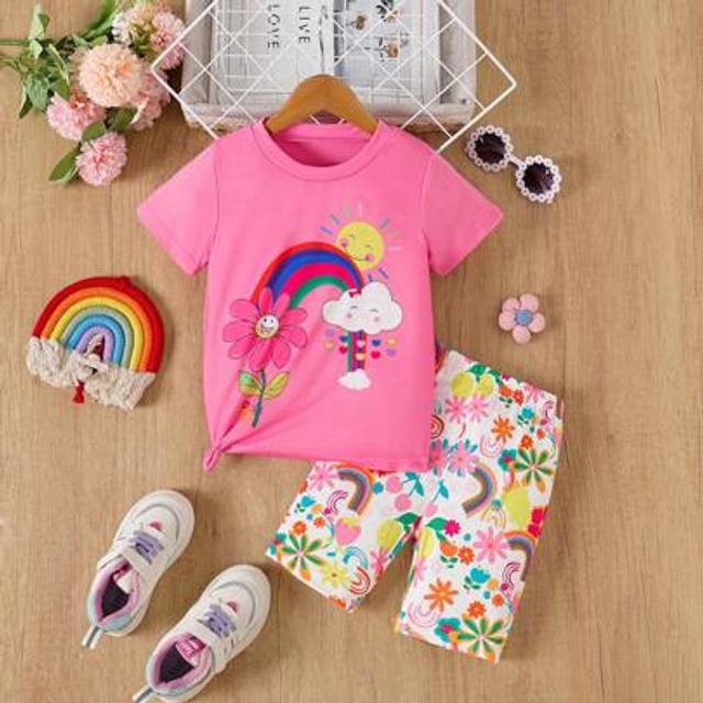 SHEIN Young Girls Floral, Rainbow & Sunshine Casual Short Sleeve Top And Shorts Set