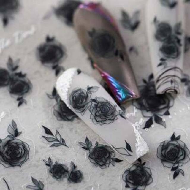SHEIN 1 Black Rose Japanese 5d 3D Thin Transparent Night Black And White Rose Nail Sticker Retro Semi Transparent Blood Red Rose Nail Sticker DIY Nail Stick