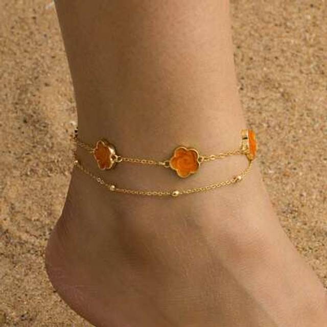 SHEIN 1pc Summer Beach Chic New Sweet Lucky Orange Color Oil-Drop Five-Leaf Clover Layered Anklet For Women, Holiday Gift (Second Layer Beads Quantity Is Ra