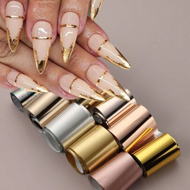 SHEIN 1pack 10pcs Metal Holographic Nail Art Foil Transfer Stickers - Metallic Color Print Nail Decals 3D Self-Adhesive Stickers(No Stickiness)