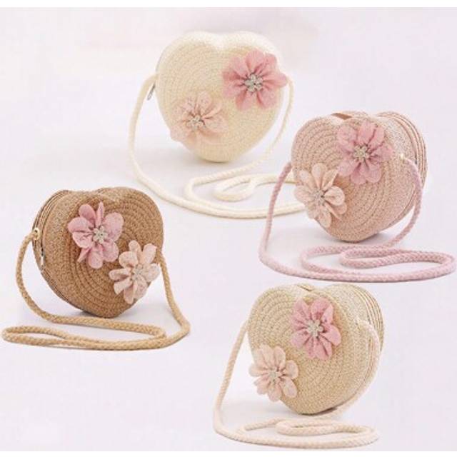 SHEIN 1pc Fashionable New Woven Straw Bag, Cute Heart Shaped Floral Design Bag With Lace Flower Decor, Sparkling Rhinestone Stamens, Multiple Color Options