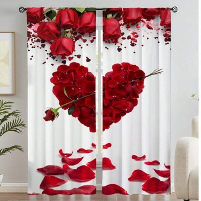 SHEIN 2pcs Red Roses Printed Curtain,Heart Shaped Curtain,Without Holes Curtain, Refer To Bedroom Office Kitchen Living Room Study Home Decor