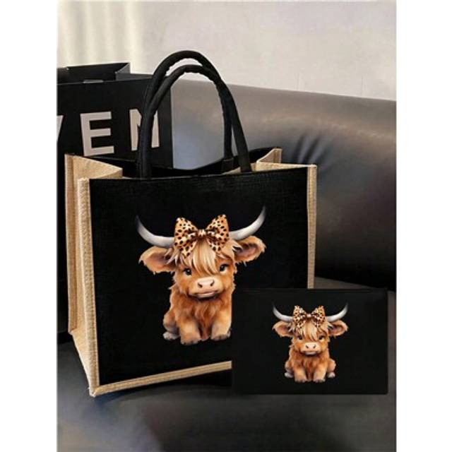 SHEIN Highland Cow Printed Black Linen Handbag Set,Cute Bow Leopard Design Highland Cow Pattern,Women&#39;S Linen Large Capacity Tote Bag,Personalized Gift Bag,