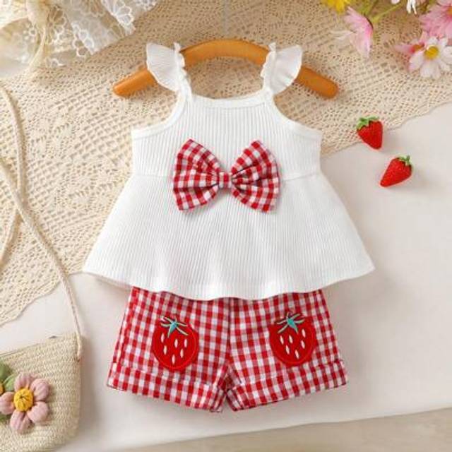 SHEIN 2pcs/Set Adorable Baby Girls Outfit, Soft, Breathable, Comfortable, With Bow Decor Ruffled Strap Top And Strawberry Embroidered Plaid Shorts, Suitable