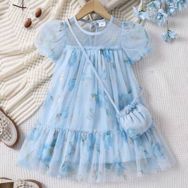 SHEIN Girls&#39; Floral Mesh Print A-Line Dress With Lantern Sleeves, Cute Doll Dress With Crossbody Bag, Summer