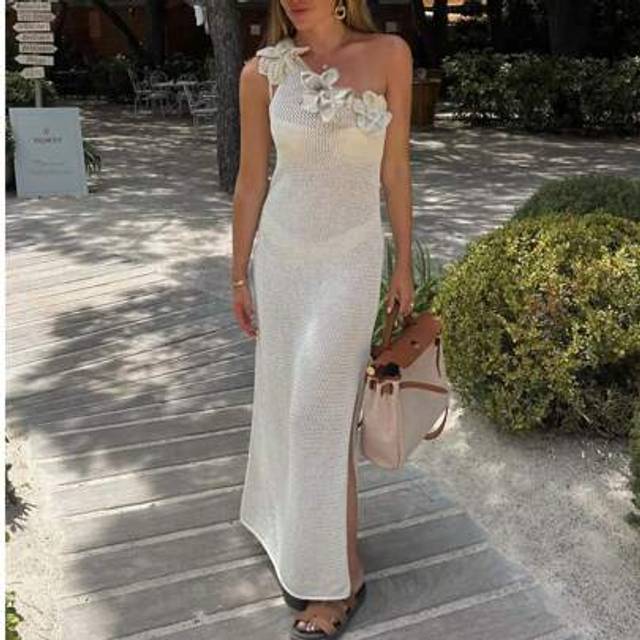 SHEIN FOR BEAUTY Spring/Summer New Apricot Sexy Off Shoulder Slant Neck Women&#39;s Knitted Dress, Elegant And Simple Music Festival Honeymoon Wedding Season Va
