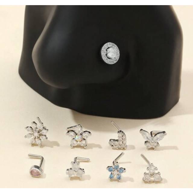 SHEIN 9Pcs Nose Rings Stud L Bone Screw Shaped Nose Ring Flower CZ Snowflake Butterfly Screw Nose Stud Body Piercing Jewelry For Women Men 20G Silver Gold R
