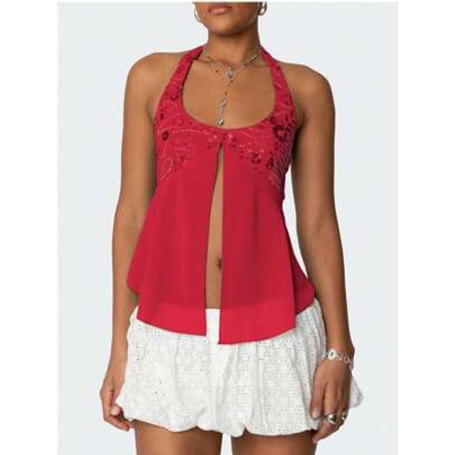 SHEIN Women Y2K Sparkly Sequin Beaded Halter Crop Top Sexy Sleeveless Backless Tie Up Crop Cami Tank Tops Open Back Slim Fit Coquette Tops