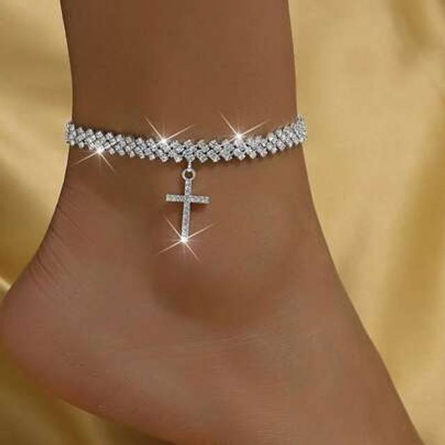 SHEIN 1 Diamond-Encrusted Anklet, Versatile, Fashionable, Individual, Creative Anklet, Cross Beach Anklet
