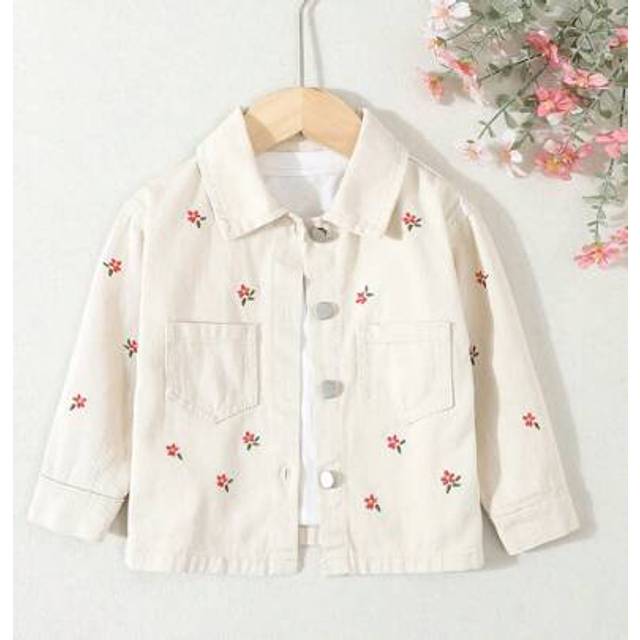 SHEIN Baby Girls Casual Cute Apricot & Pink Floral Embroidery Fitted Denim Jacket, Soft Fabric Versatile Daily Wear For Infant