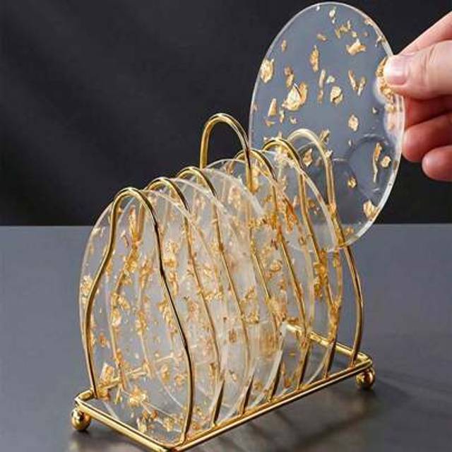 SHEIN 6/4/2/1pc Gold Flake Acrylic Coasters - Ideal For Parties And Home Decor, Heat Resistant Coasters, Non-Slip Placemats, Cup Mats, Drink Holders, Scenic