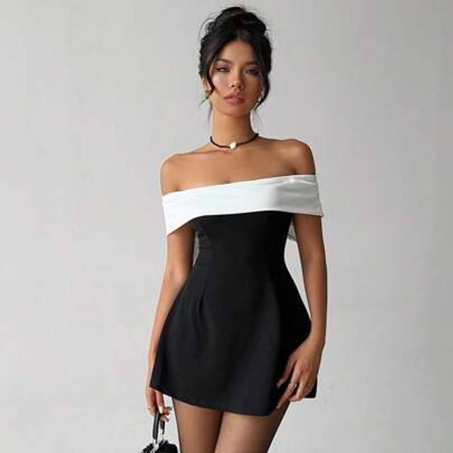 Aloruh Valentine&#39;s Day Off Shoulder Black & White Bowknot Dress, Fairycore,Graduation,Graduation Dresses For Women,Back To School Dress