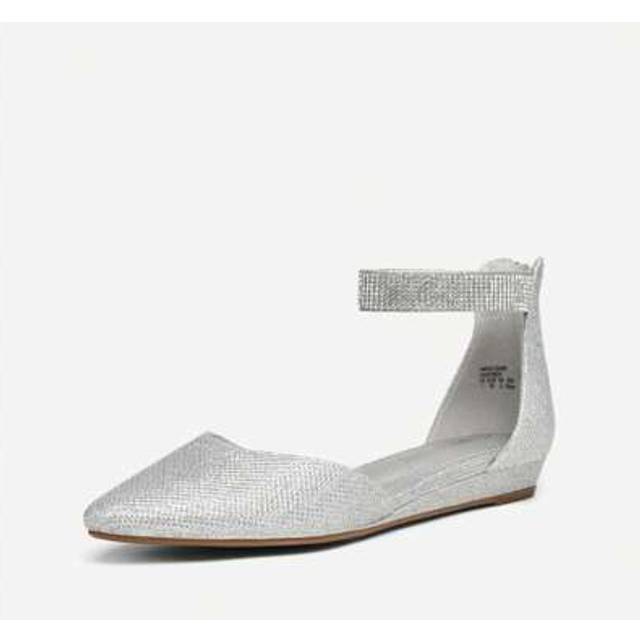 SHEIN Women&#39;s Comfortable Ballet Flat With Low Wedge Ankle Strap And Zipper, Ladies&#39; Classic Pointed Toe Shoes For Wedding And Walking