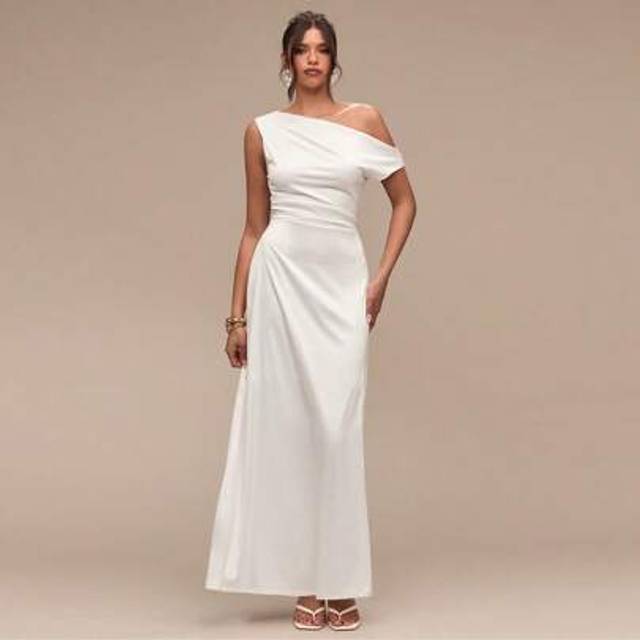 SHEIN Wedding Season White Solid Color Asymmetric Neck Waist Ruffle Satin Long Elegant Dress For Women