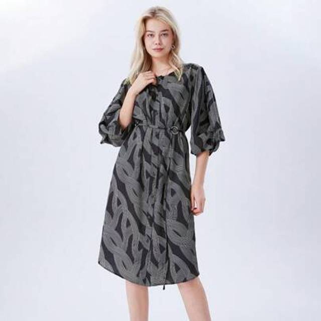 SHEIN Womens Geometric Printed 3/4 Sleeve Belted Midi Dress Ladies Buttons Down Casual Loose Formal Party Evening Cocktail Dresses Gown