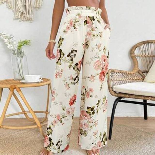 SHEIN Women&#39;s Summer Floral Print High Waist With Pockets Wide Leg Casual Pants