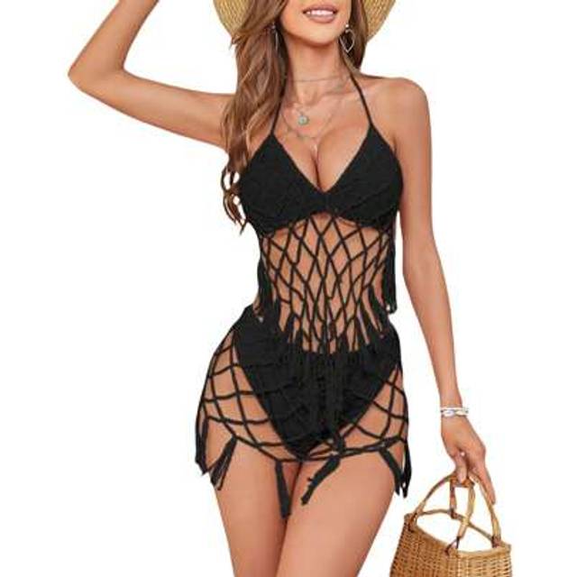 SHEIN Women&#39;s Summer Bikini Cover Up, Solid Knitting Crochet Perspective Cutout Tassel Sleeveless Vest
