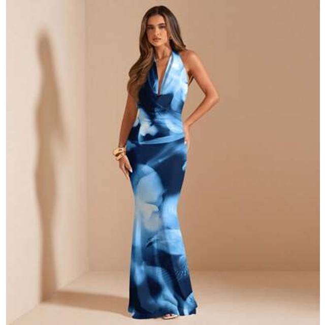 SHEIN Casual All-Over Print Draped Neck Long Dress/Pink Ombre Dress/Island Vacation Dress/Resort Dress/Birthday Party Dress/Elegant Backless Dress For Women