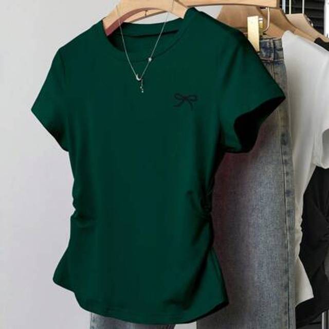 SHEIN Tween Girls Casual Versatile Bow Print Short Sleeve T-Shirt