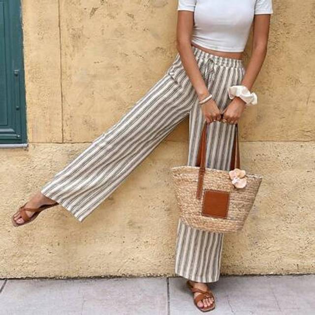 SHEIN Women&#39;s Vacation Casual Striped Straight Leg Pants