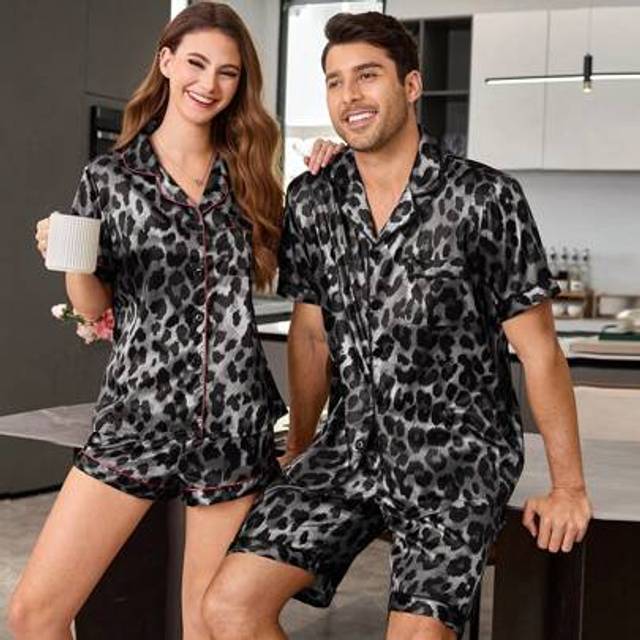 SHEIN Leopard Print Faux Silk Shirt And Shorts Pajama Set For Men