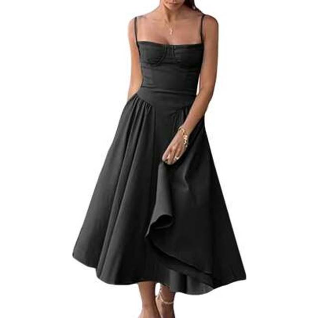 SHEIN Women Summer Casual A-Line Dress Solid Color Sleeveless Backless Midi Dress Fashion Side Pockets Low-Cut Cami Dress