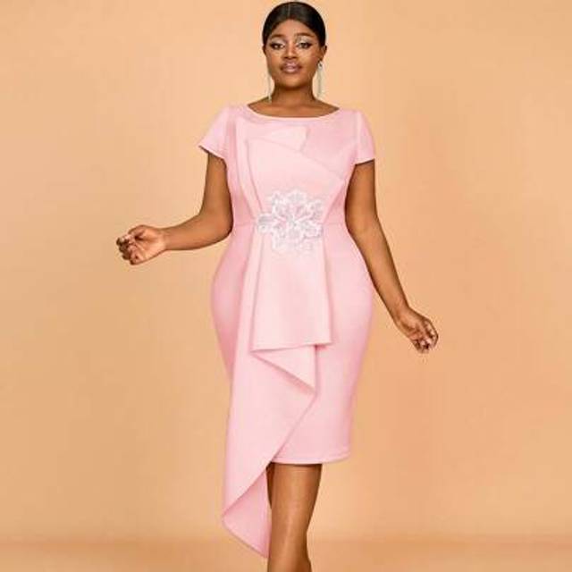 SHEIN Plus Size Pink Bodycon Dresses Party Short Sleeves Ruffles 3D Sequined Flower Wedding Guest Birthday,Cocktail