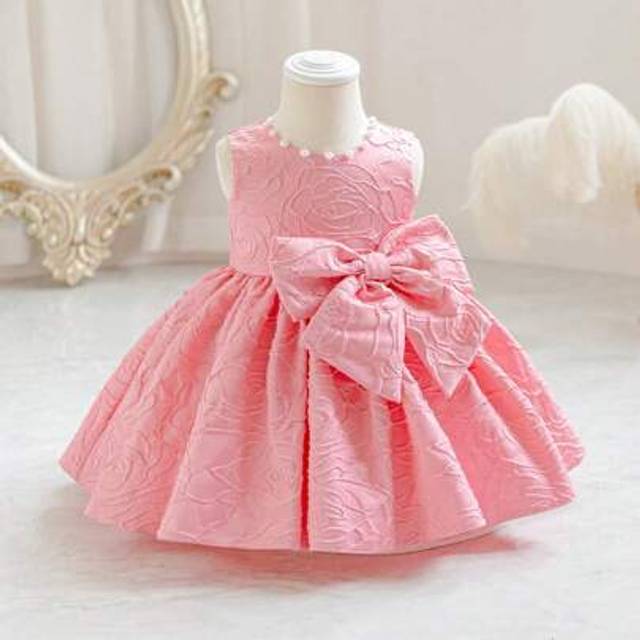 SHEIN Baby GirlJacquard Rose Flower Bow Decor Sleeveless Dress, Children Wedding Party Birthday Outfit Baby Elegant Dress  Birthday Dresses For Baby