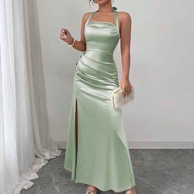 Rafferiza Elegant Champagne Color Bodycon Cami Dress With Elastic Side-Split Hem, Long Length
