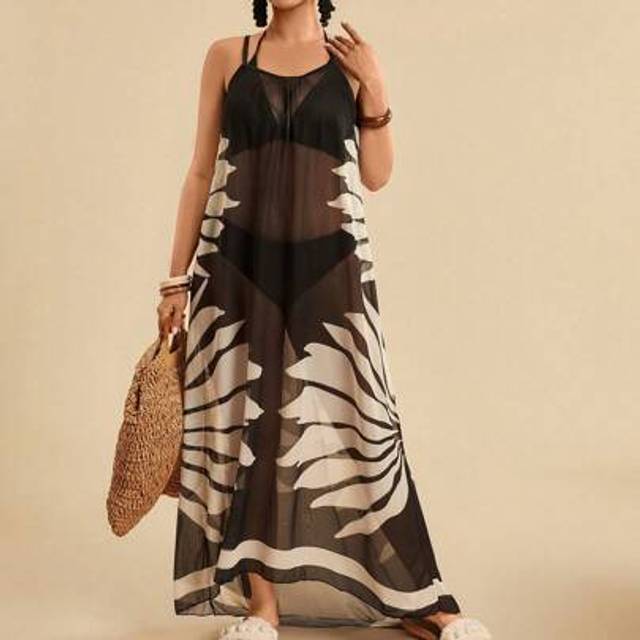 Travachic Plus Size Holiday Casual Tropical Beach Lightweight Sleeveless Loose Flowing Long Beach Cover Up Dress, Print Country Concert Outfit, Holiday Clothes,