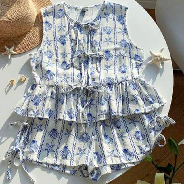 Comfortcana New Women&#39;s Shell Starfish Holiday Element Print Tie Bow Shirt And Tie Pants Two-Piece Clothing Suitable For Spring And Summer Summer Seaside Vacation