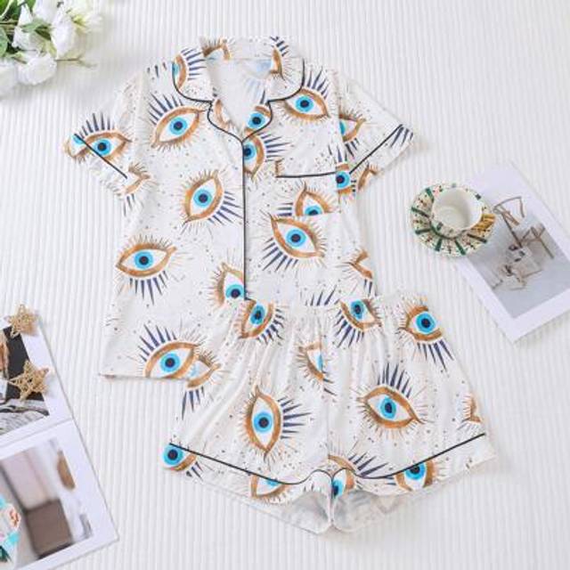 SHEIN 2pcs Set Print Women Pajamas, Button Up Short Sleeve Comfy Top And Elastic Waist Shorts, Stylish Sleepwear Set For Home, Party, Casual Wear