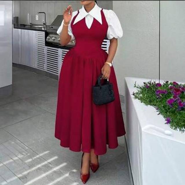 ANCHOSE Women&#39;s Elegant Red Ruffle Trimmed, Puff Sleeve, Color Block Flare Hem Long Dress, Spring/Summer
